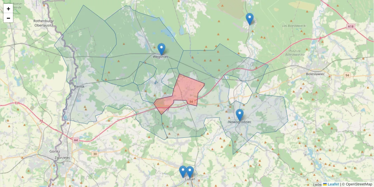 Szczegółowa mapa kodu pocztowego 59-733 z granicami, sąsiednimi kodami pocztowymi i urzędami pocztowymi