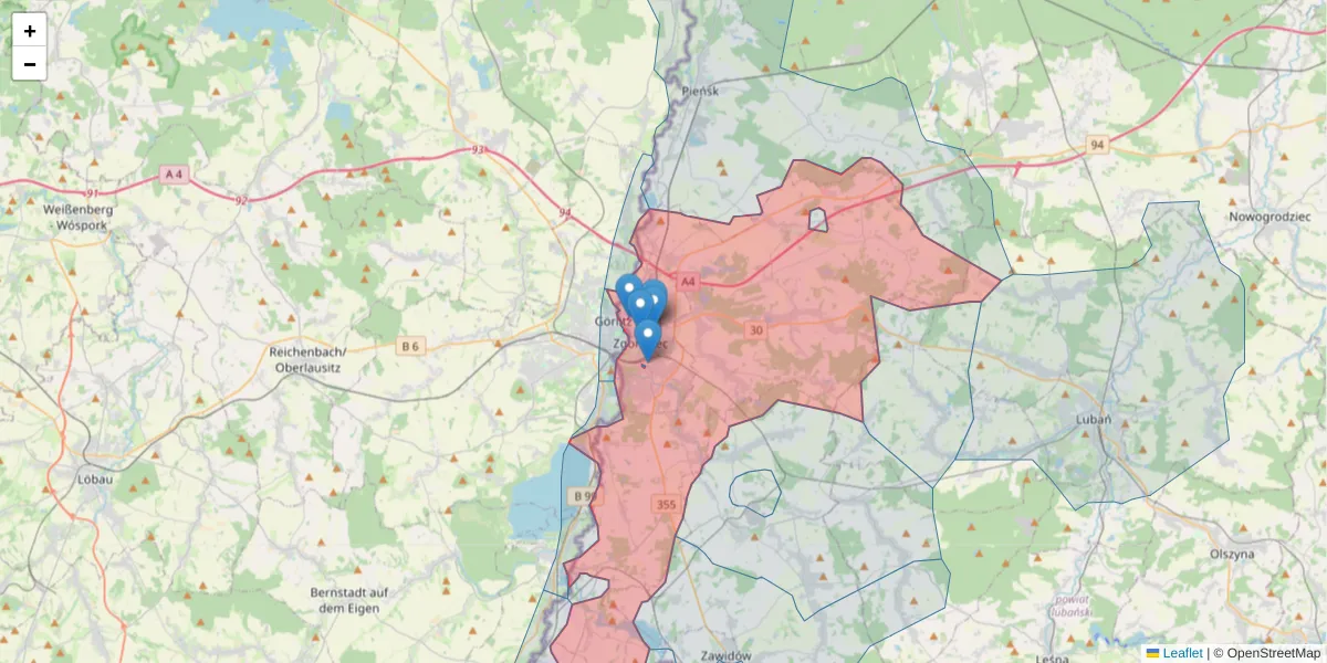 Szczegółowa mapa kodu pocztowego 59-900 z granicami, sąsiednimi kodami pocztowymi i urzędami pocztowymi
