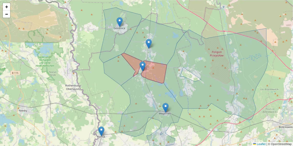 Szczegółowa mapa kodu pocztowego 59-941 z granicami, sąsiednimi kodami pocztowymi i urzędami pocztowymi