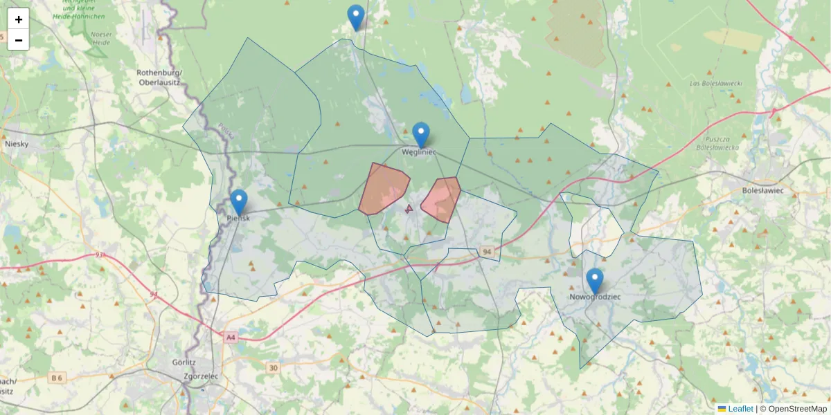 Szczegółowa mapa kodu pocztowego 59-942 z granicami, sąsiednimi kodami pocztowymi i urzędami pocztowymi