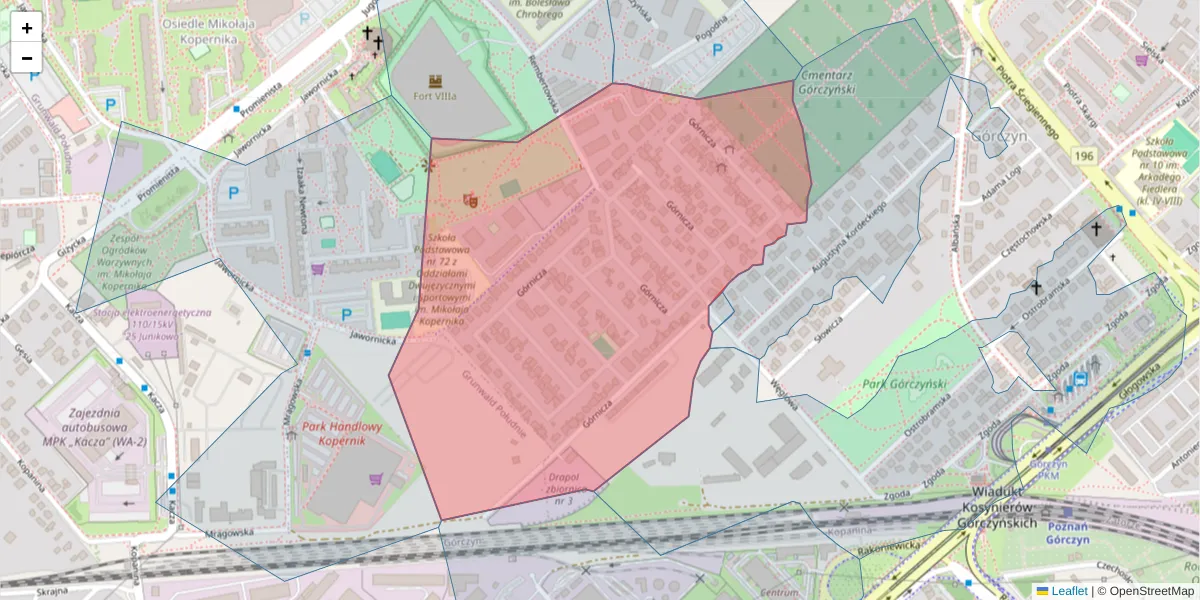 Szczegółowa mapa kodu pocztowego 60-107 z granicami, sąsiednimi kodami pocztowymi i urzędami pocztowymi