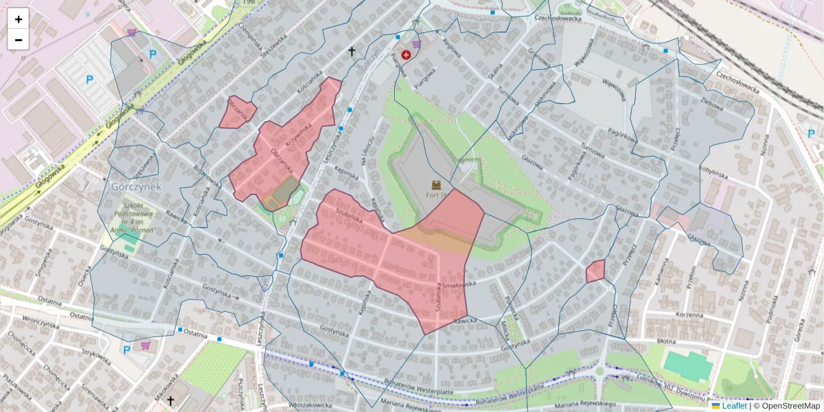 Szczegółowa mapa kodu pocztowego 60-114 z granicami, sąsiednimi kodami pocztowymi i urzędami pocztowymi