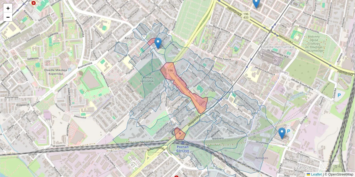 Szczegółowa mapa kodu pocztowego 60-128 z granicami, sąsiednimi kodami pocztowymi i urzędami pocztowymi