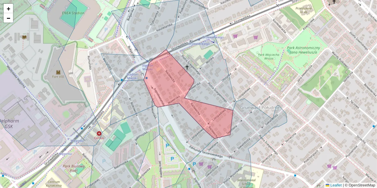 Szczegółowa mapa kodu pocztowego 60-302 z granicami, sąsiednimi kodami pocztowymi i urzędami pocztowymi