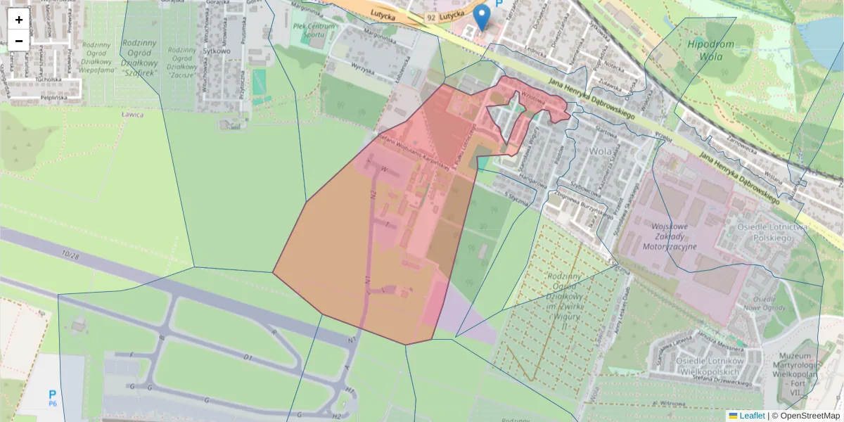 Szczegółowa mapa kodu pocztowego 60-411 z granicami, sąsiednimi kodami pocztowymi i urzędami pocztowymi