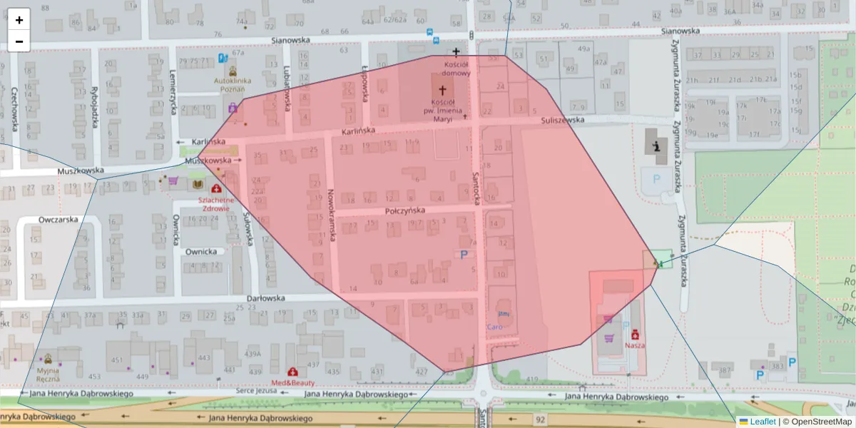 Szczegółowa mapa kodu pocztowego 60-438 z granicami, sąsiednimi kodami pocztowymi i urzędami pocztowymi
