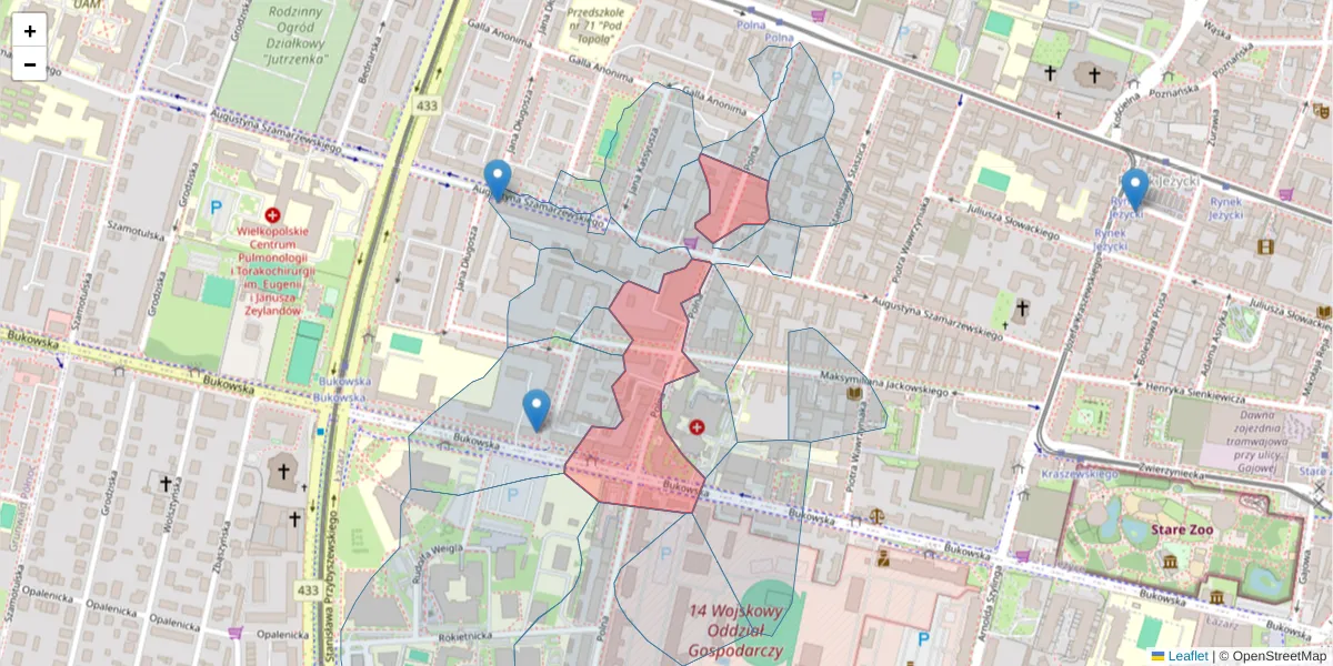 Szczegółowa mapa kodu pocztowego 60-533 z granicami, sąsiednimi kodami pocztowymi i urzędami pocztowymi