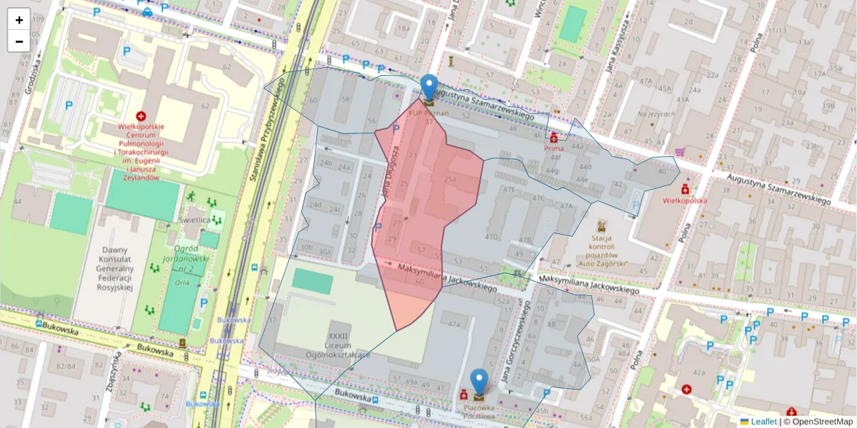Szczegółowa mapa kodu pocztowego 60-556 z granicami, sąsiednimi kodami pocztowymi i urzędami pocztowymi