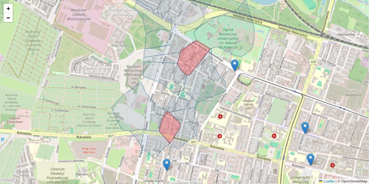 Szczegółowa mapa kodu pocztowego 60-593 z granicami, sąsiednimi kodami pocztowymi i urzędami pocztowymi