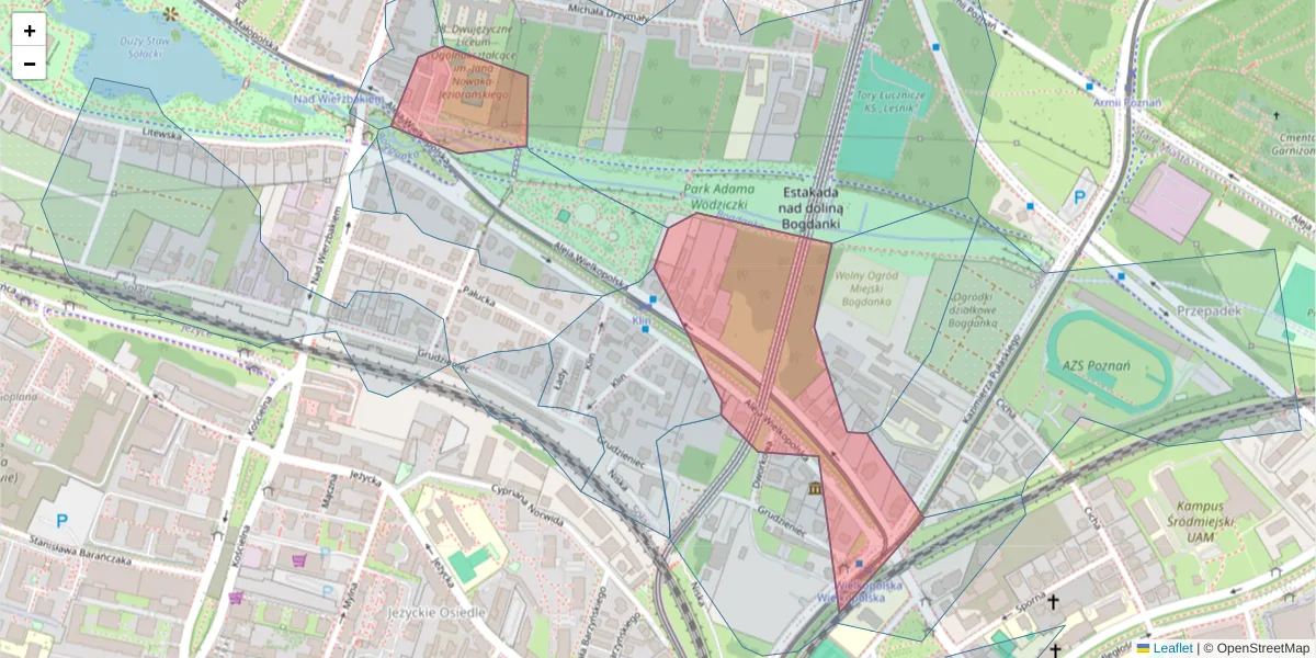Szczegółowa mapa kodu pocztowego 60-608 z granicami, sąsiednimi kodami pocztowymi i urzędami pocztowymi