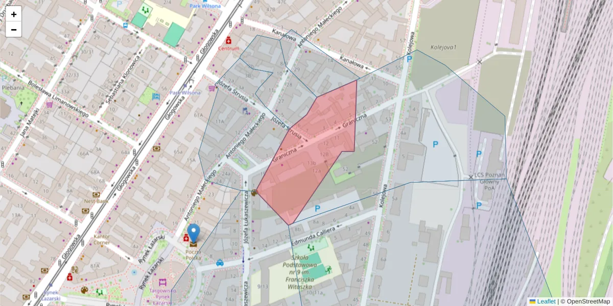 Szczegółowa mapa kodu pocztowego 60-713 z granicami, sąsiednimi kodami pocztowymi i urzędami pocztowymi