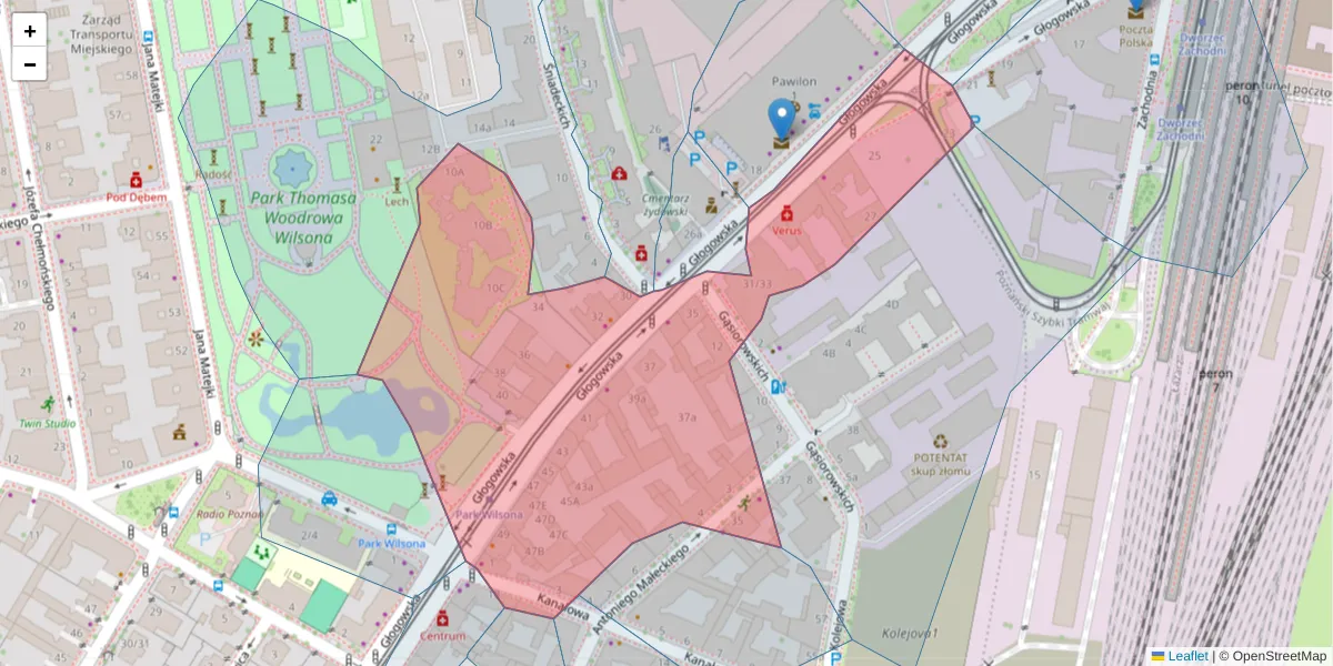 Szczegółowa mapa kodu pocztowego 60-736 z granicami, sąsiednimi kodami pocztowymi i urzędami pocztowymi