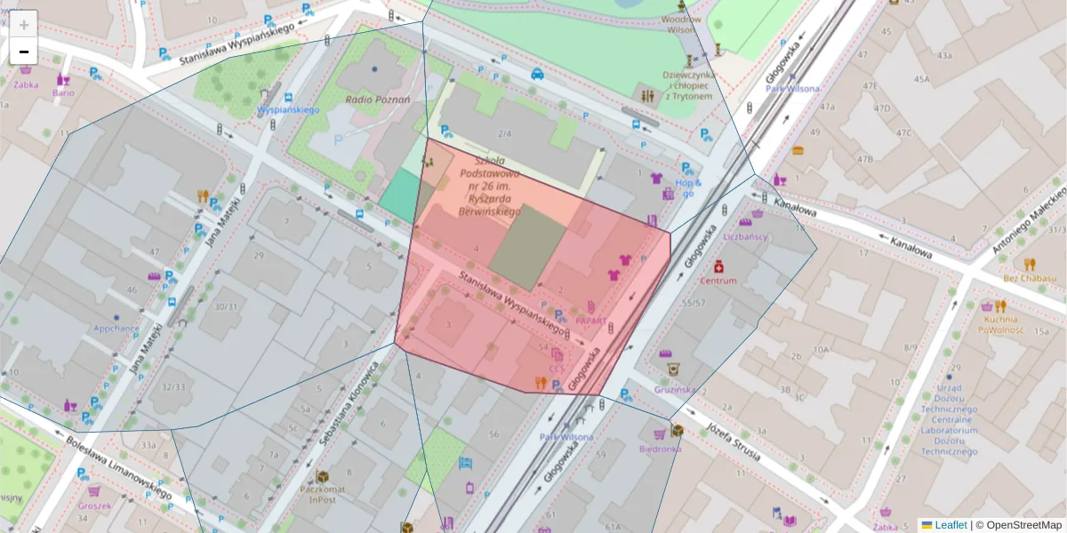 Szczegółowa mapa kodu pocztowego 60-737 z granicami, sąsiednimi kodami pocztowymi i urzędami pocztowymi