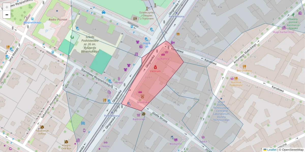 Szczegółowa mapa kodu pocztowego 60-738 z granicami, sąsiednimi kodami pocztowymi i urzędami pocztowymi