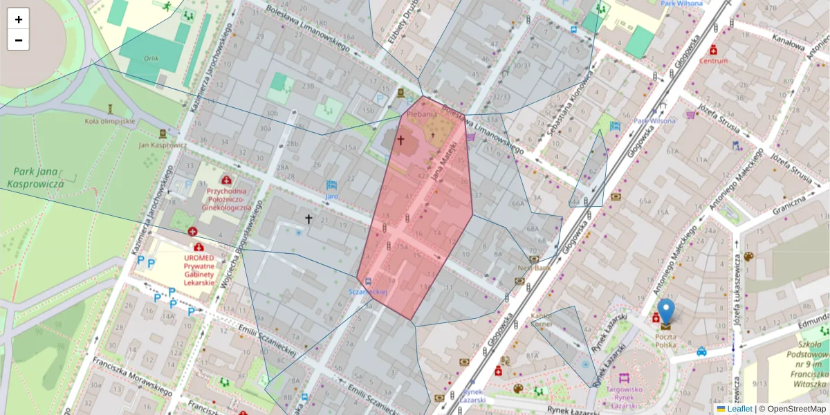 Szczegółowa mapa kodu pocztowego 60-768 z granicami, sąsiednimi kodami pocztowymi i urzędami pocztowymi