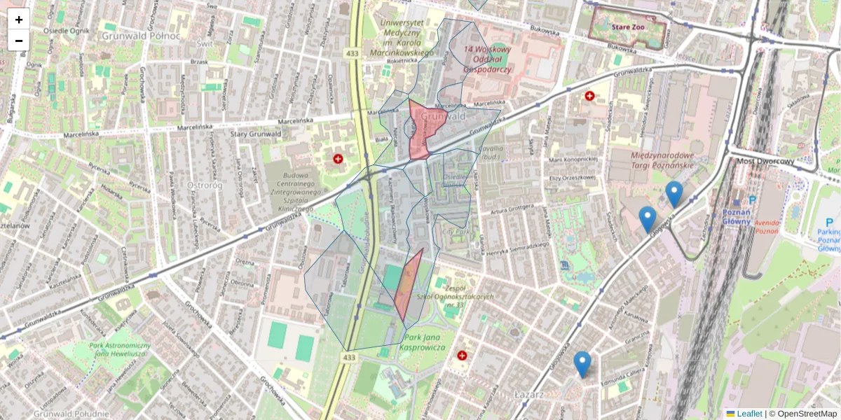 Szczegółowa mapa kodu pocztowego 60-802 z granicami, sąsiednimi kodami pocztowymi i urzędami pocztowymi