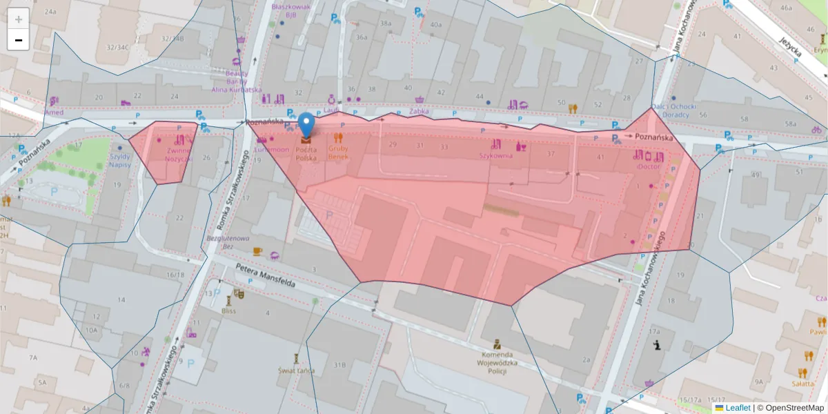 Szczegółowa mapa kodu pocztowego 60-850 z granicami, sąsiednimi kodami pocztowymi i urzędami pocztowymi