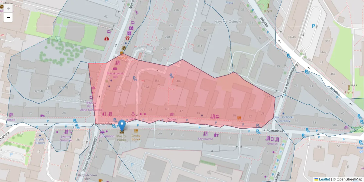 Szczegółowa mapa kodu pocztowego 60-851 z granicami, sąsiednimi kodami pocztowymi i urzędami pocztowymi