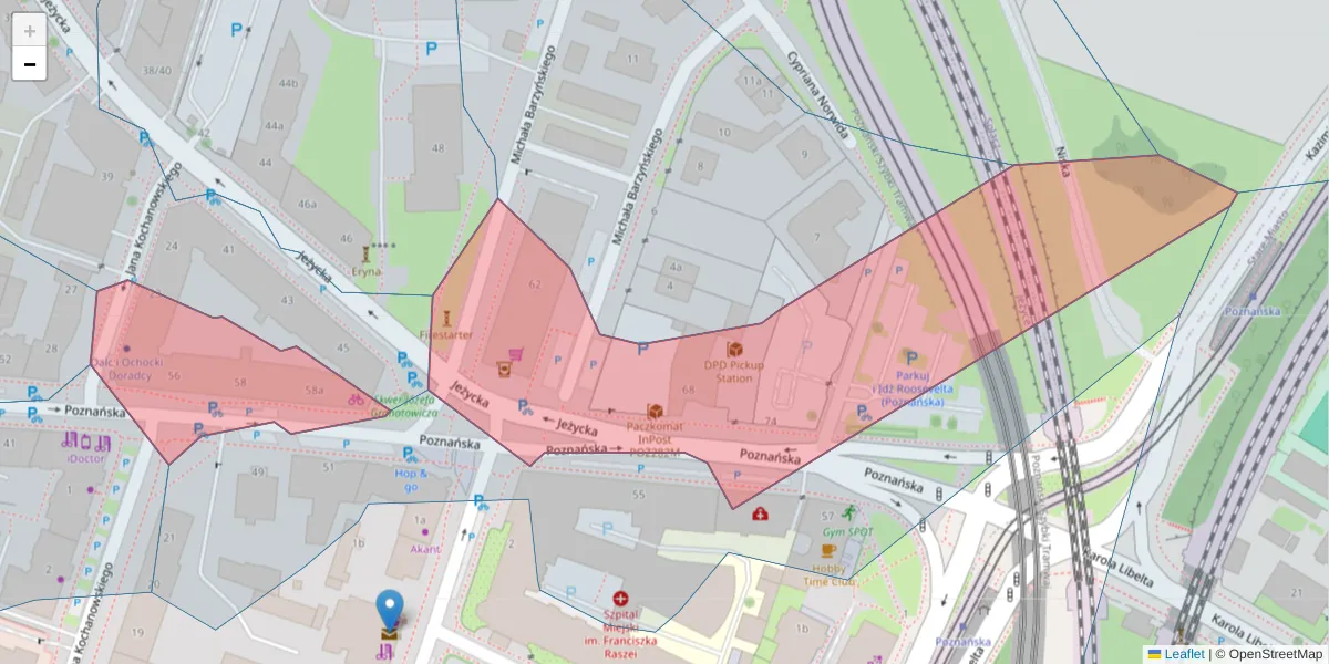 Szczegółowa mapa kodu pocztowego 60-853 z granicami, sąsiednimi kodami pocztowymi i urzędami pocztowymi