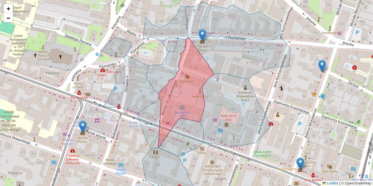 Szczegółowa mapa kodu pocztowego 60-854 z granicami, sąsiednimi kodami pocztowymi i urzędami pocztowymi
