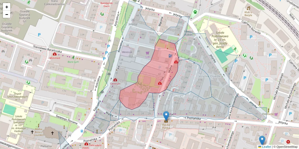 Szczegółowa mapa kodu pocztowego 60-857 z granicami, sąsiednimi kodami pocztowymi i urzędami pocztowymi