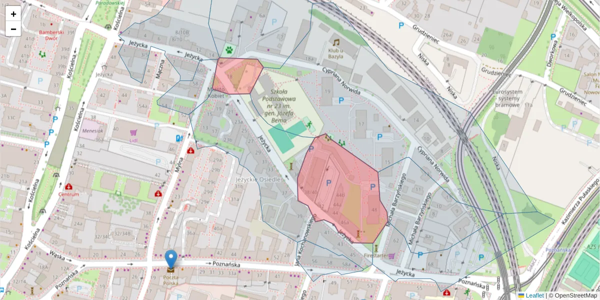 Szczegółowa mapa kodu pocztowego 60-865 z granicami, sąsiednimi kodami pocztowymi i urzędami pocztowymi