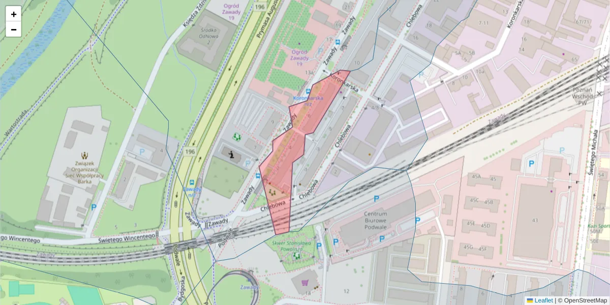 Szczegółowa mapa kodu pocztowego 61-002 z granicami, sąsiednimi kodami pocztowymi i urzędami pocztowymi