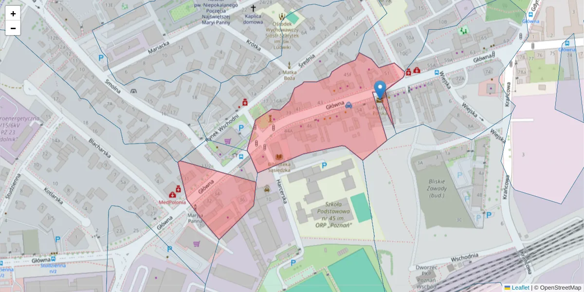 Szczegółowa mapa kodu pocztowego 61-007 z granicami, sąsiednimi kodami pocztowymi i urzędami pocztowymi
