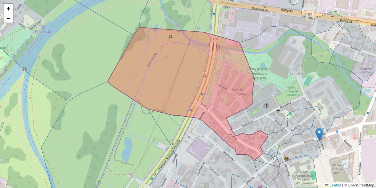Szczegółowa mapa kodu pocztowego 61-008 z granicami, sąsiednimi kodami pocztowymi i urzędami pocztowymi