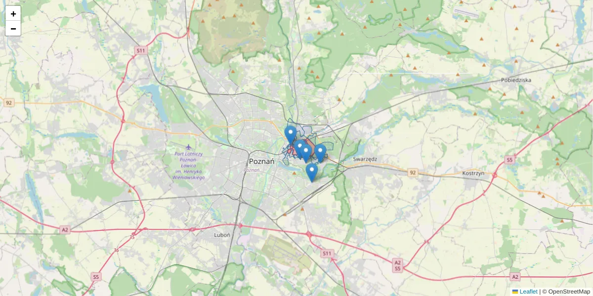 Szczegółowa mapa kodu pocztowego 61-021 z granicami, sąsiednimi kodami pocztowymi i urzędami pocztowymi