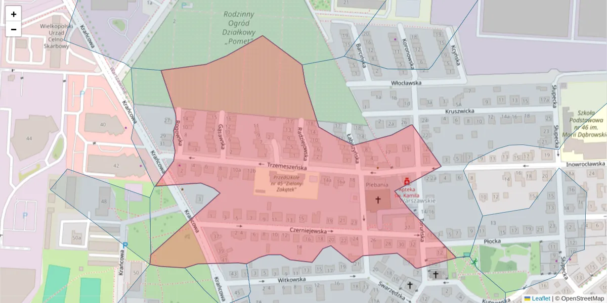 Szczegółowa mapa kodu pocztowego 61-038 z granicami, sąsiednimi kodami pocztowymi i urzędami pocztowymi