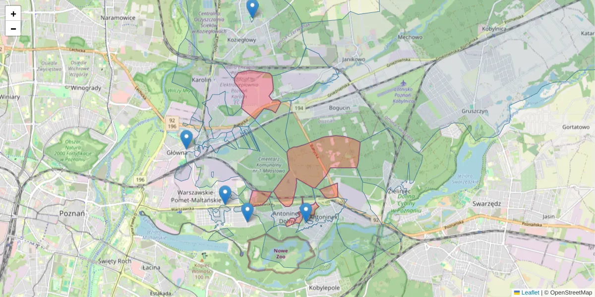 Szczegółowa mapa kodu pocztowego 61-055 z granicami, sąsiednimi kodami pocztowymi i urzędami pocztowymi