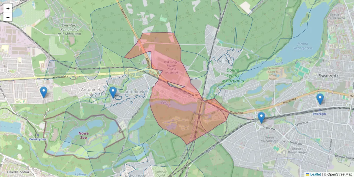 Szczegółowa mapa kodu pocztowego 61-057 z granicami, sąsiednimi kodami pocztowymi i urzędami pocztowymi