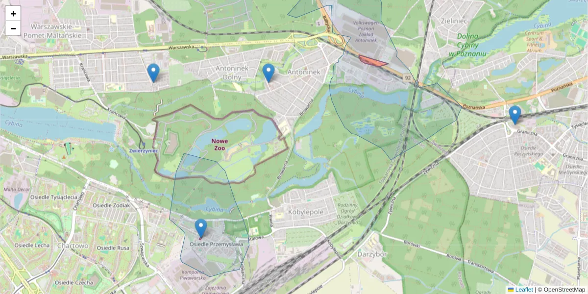 Szczegółowa mapa kodu pocztowego 61-060 z granicami, sąsiednimi kodami pocztowymi i urzędami pocztowymi