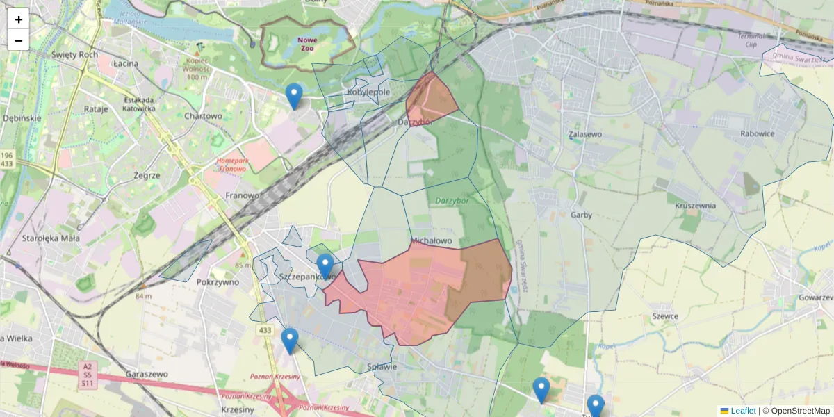 Szczegółowa mapa kodu pocztowego 61-306 z granicami, sąsiednimi kodami pocztowymi i urzędami pocztowymi