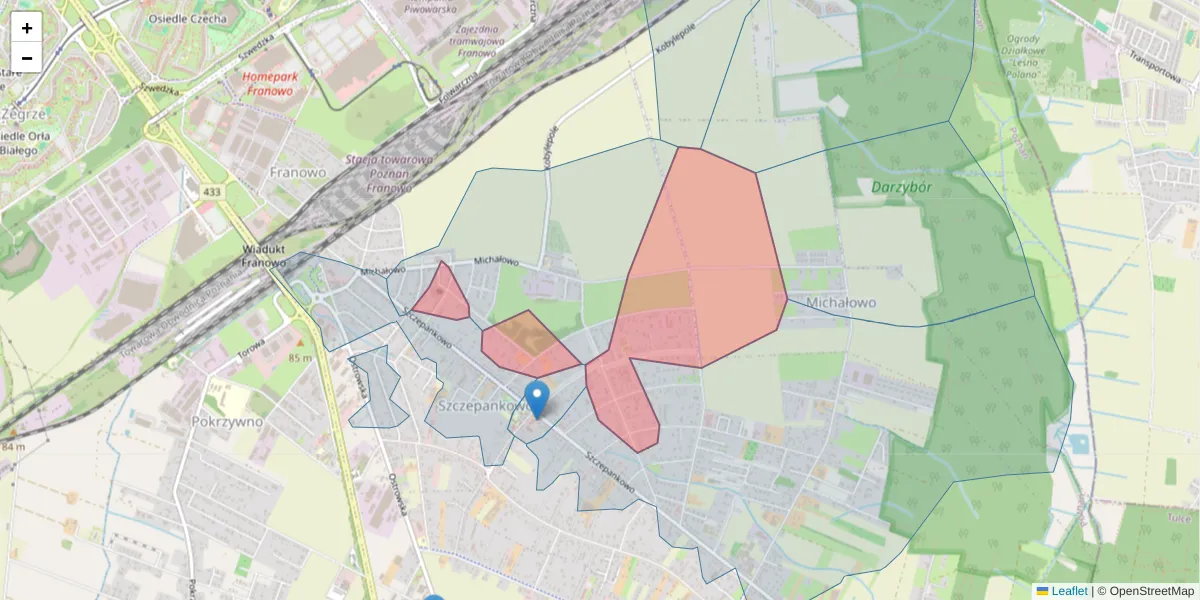 Szczegółowa mapa kodu pocztowego 61-307 z granicami, sąsiednimi kodami pocztowymi i urzędami pocztowymi