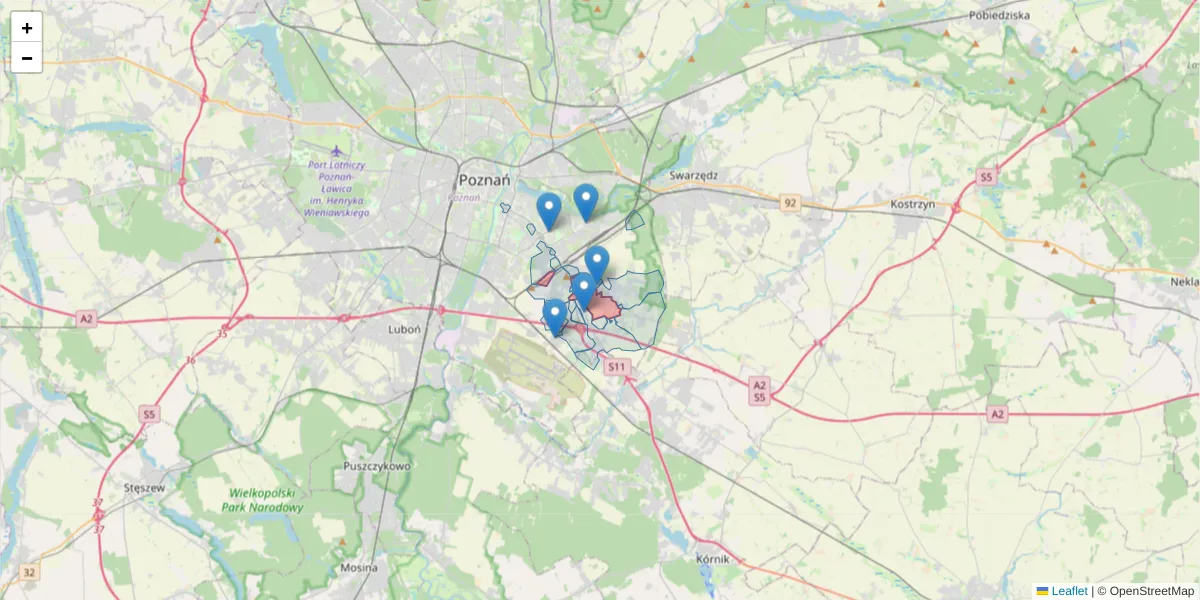Szczegółowa mapa kodu pocztowego 61-312 z granicami, sąsiednimi kodami pocztowymi i urzędami pocztowymi