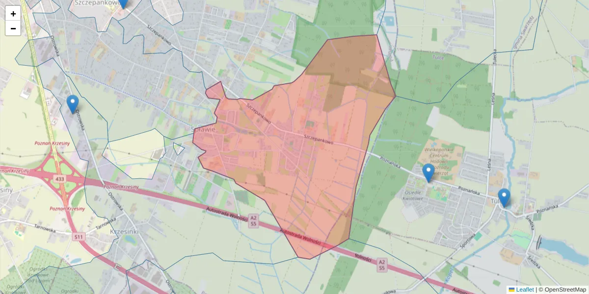 Szczegółowa mapa kodu pocztowego 61-313 z granicami, sąsiednimi kodami pocztowymi i urzędami pocztowymi