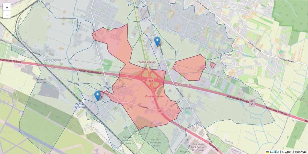 Szczegółowa mapa kodu pocztowego 61-323 z granicami, sąsiednimi kodami pocztowymi i urzędami pocztowymi