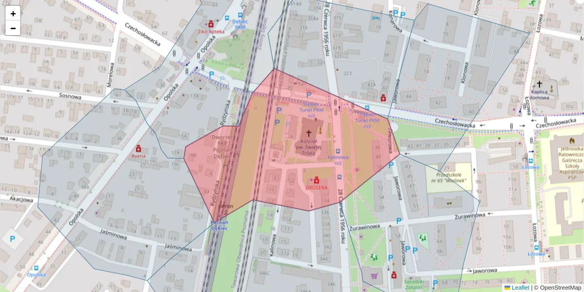 Szczegółowa mapa kodu pocztowego 61-436 z granicami, sąsiednimi kodami pocztowymi i urzędami pocztowymi