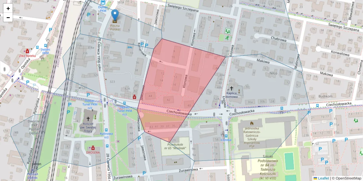 Szczegółowa mapa kodu pocztowego 61-468 z granicami, sąsiednimi kodami pocztowymi i urzędami pocztowymi