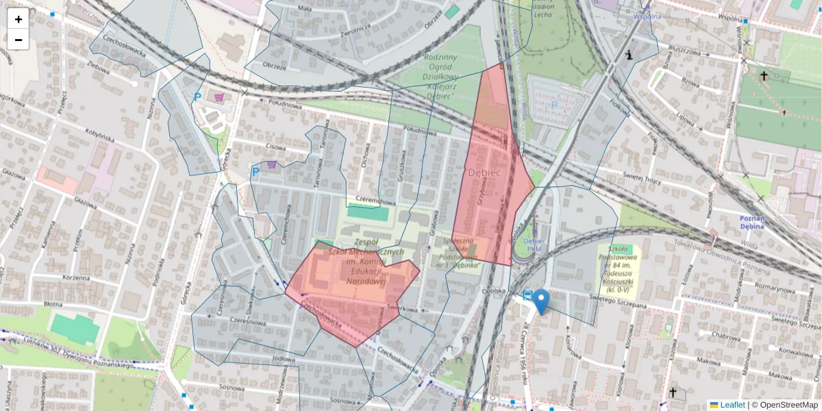 Szczegółowa mapa kodu pocztowego 61-472 z granicami, sąsiednimi kodami pocztowymi i urzędami pocztowymi