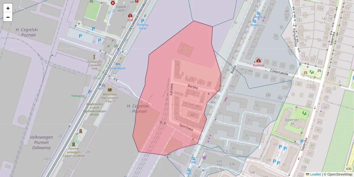 Szczegółowa mapa kodu pocztowego 61-489 z granicami, sąsiednimi kodami pocztowymi i urzędami pocztowymi