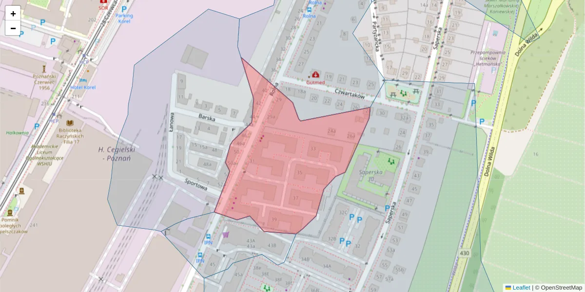 Szczegółowa mapa kodu pocztowego 61-491 z granicami, sąsiednimi kodami pocztowymi i urzędami pocztowymi