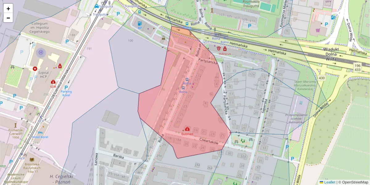 Szczegółowa mapa kodu pocztowego 61-495 z granicami, sąsiednimi kodami pocztowymi i urzędami pocztowymi