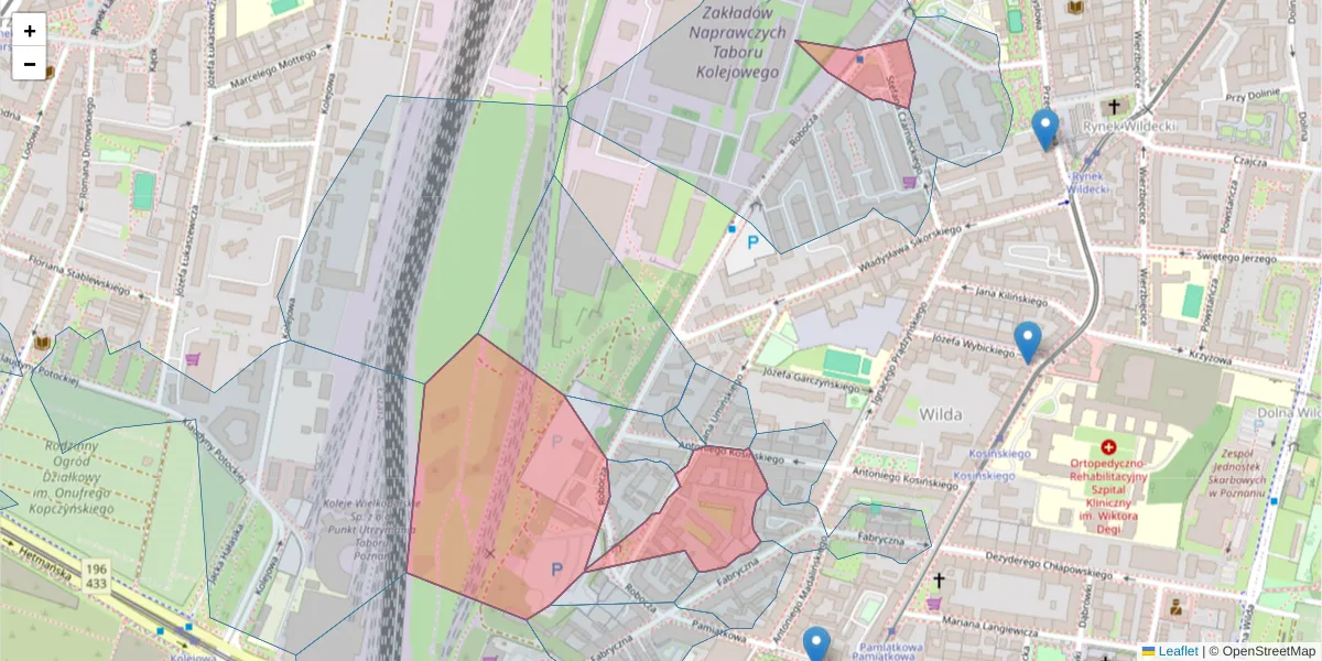 Szczegółowa mapa kodu pocztowego 61-517 z granicami, sąsiednimi kodami pocztowymi i urzędami pocztowymi