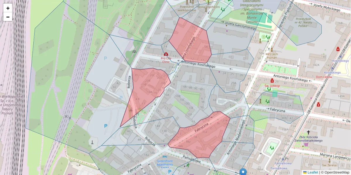 Szczegółowa mapa kodu pocztowego 61-518 z granicami, sąsiednimi kodami pocztowymi i urzędami pocztowymi
