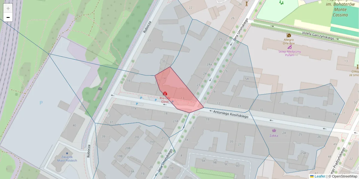 Szczegółowa mapa kodu pocztowego 61-519 z granicami, sąsiednimi kodami pocztowymi i urzędami pocztowymi