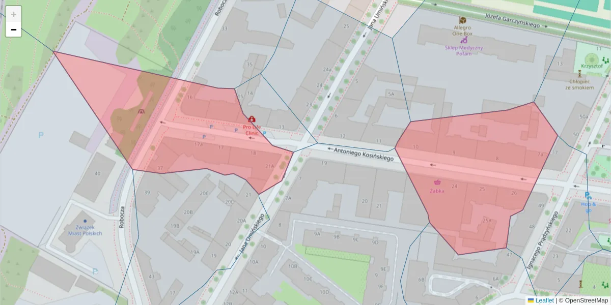 Szczegółowa mapa kodu pocztowego 61-521 z granicami, sąsiednimi kodami pocztowymi i urzędami pocztowymi