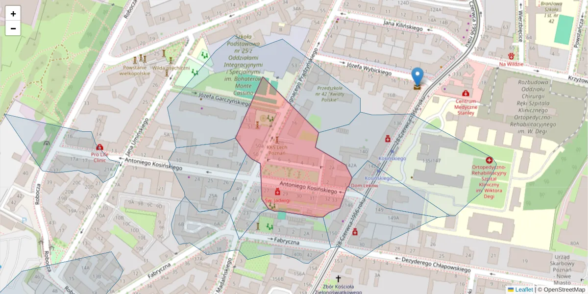 Szczegółowa mapa kodu pocztowego 61-522 z granicami, sąsiednimi kodami pocztowymi i urzędami pocztowymi